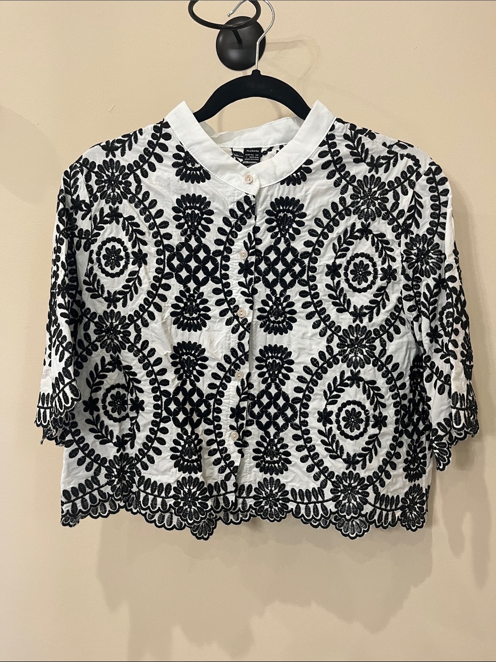 Black & White Embroidered Cropped Button-Up Blouse